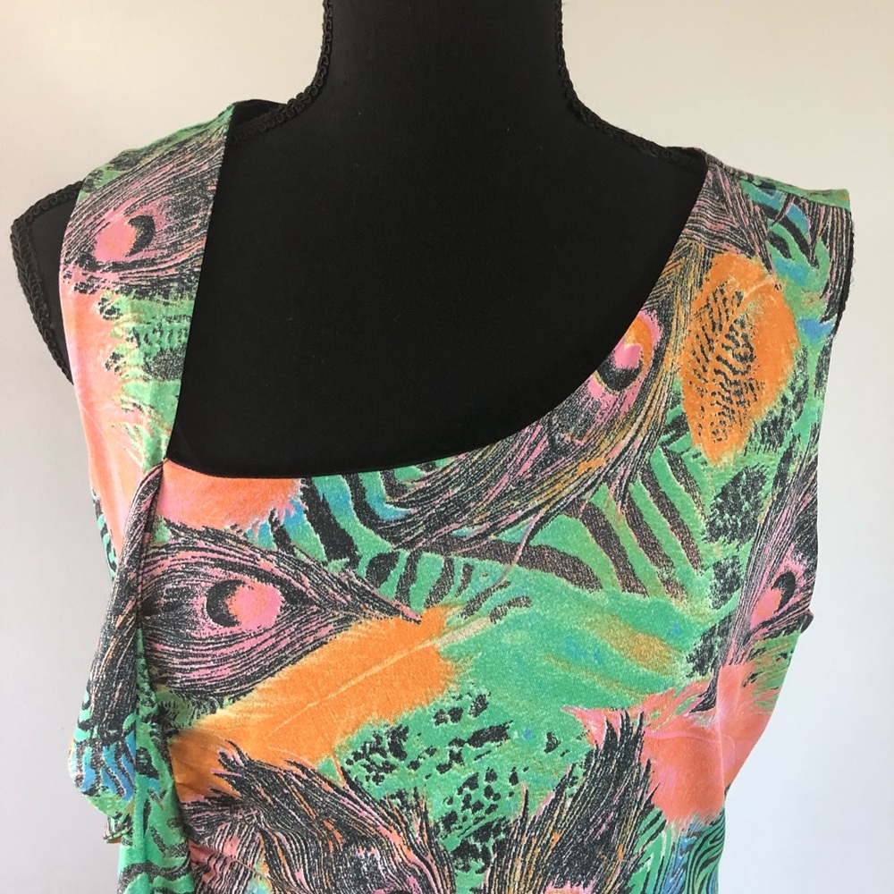 Women’s Tango Mango Tropical Ruffled front feathers & animal print dress size L - Picture 2 of 14